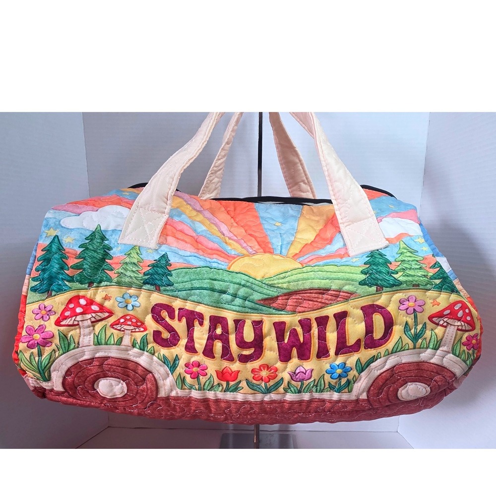 Stay Wild Quilted Duffel Bag Mushroom Nature Sunburst VW Bus Travel Tote